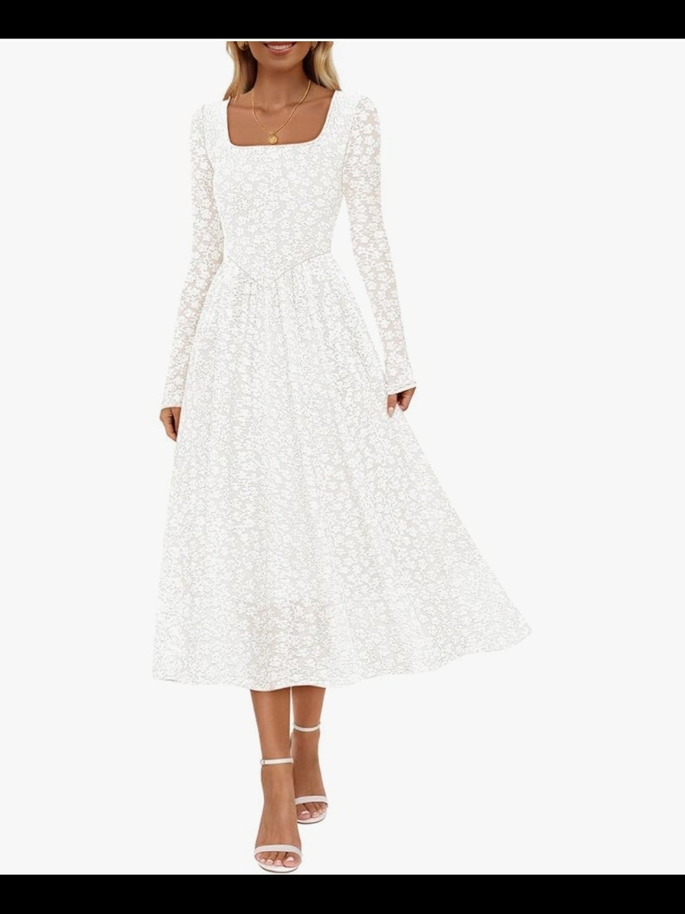 White Lace Long-Sleeve Midi Dress with Square Neck